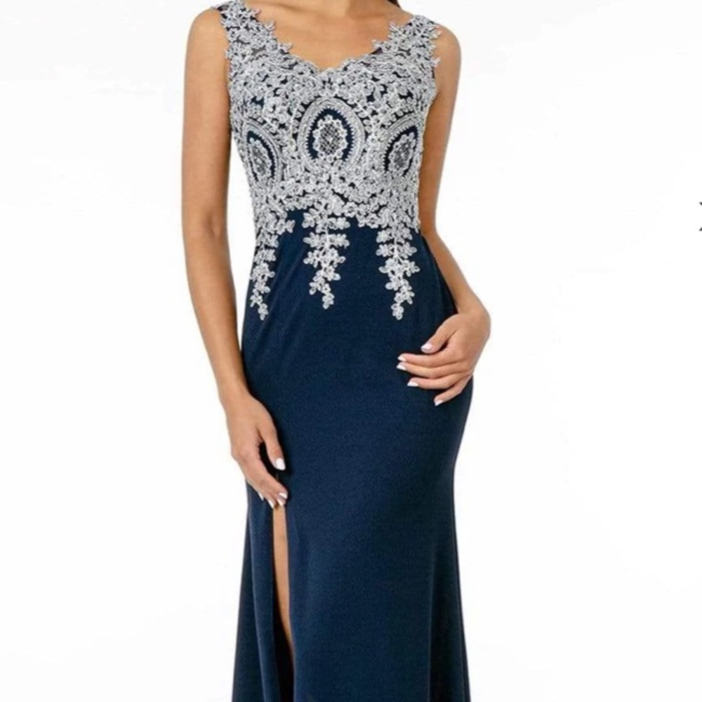 Elizabeth K - GL1839 Appliqued Bodice High Slit Long Dress